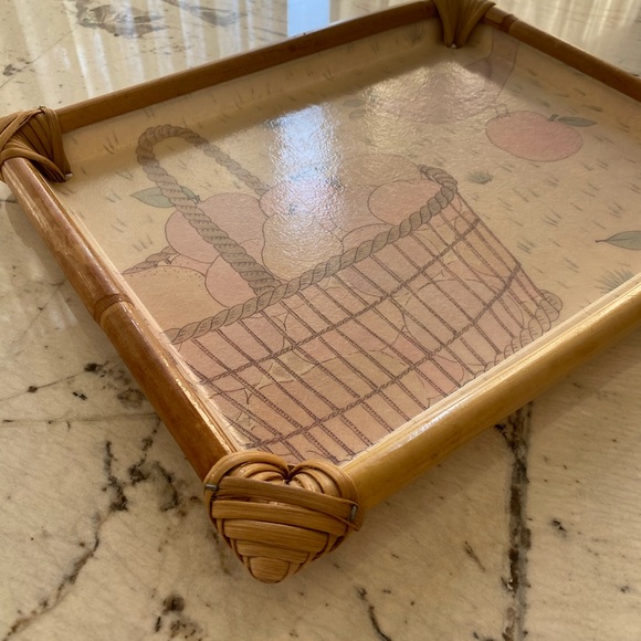 Alpac Vintage 80s Fiberglass Bamboo Tray Pastel Apples Basket Bird Design - Picture 2 of 14